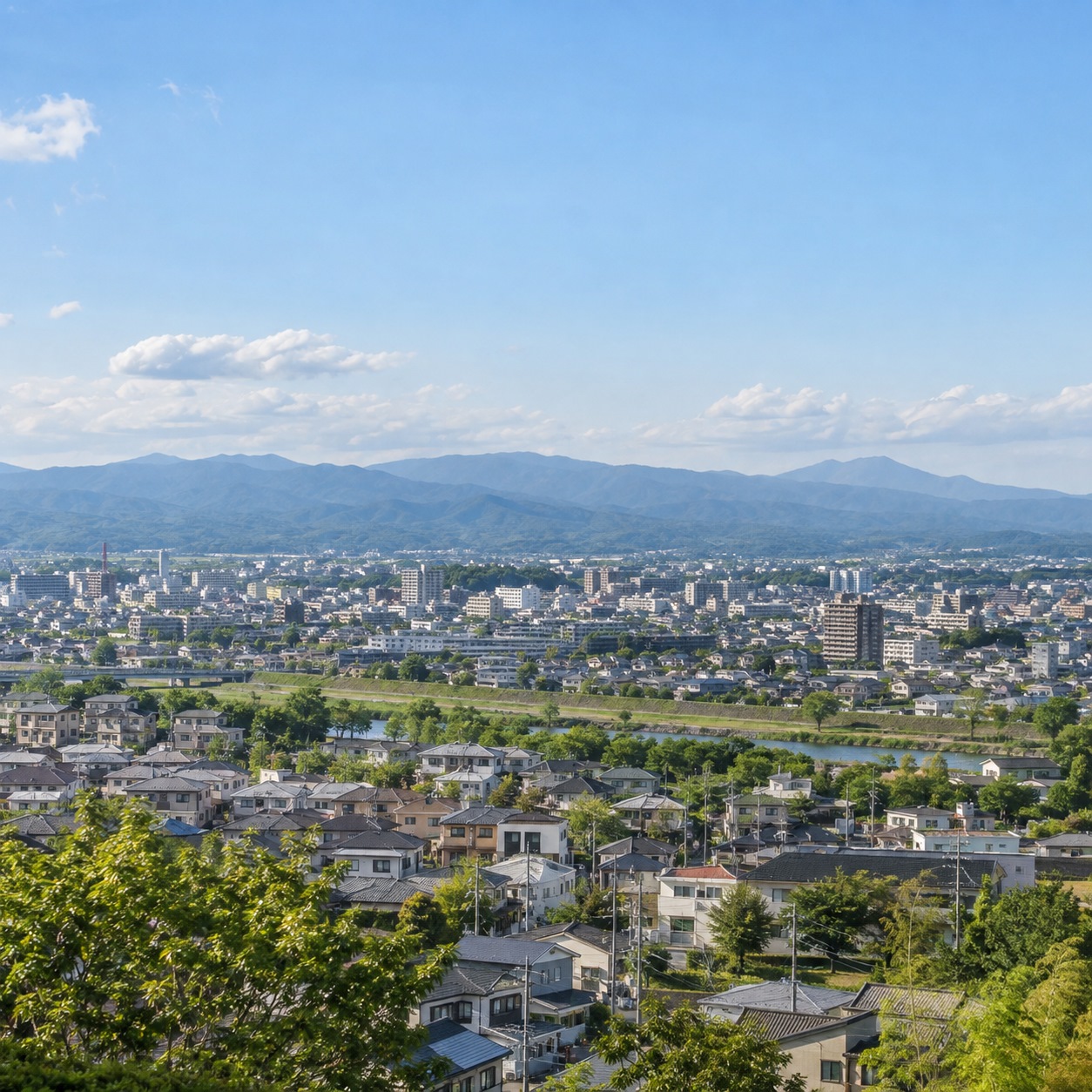 遠くに山並みを望む郡山の市街地
