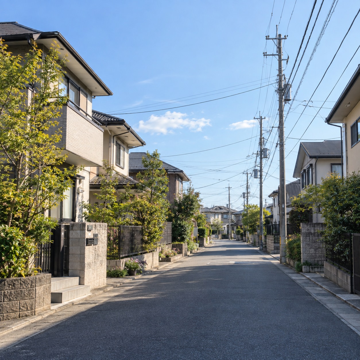 戸建て住宅が並ぶ、青空の下の住宅街