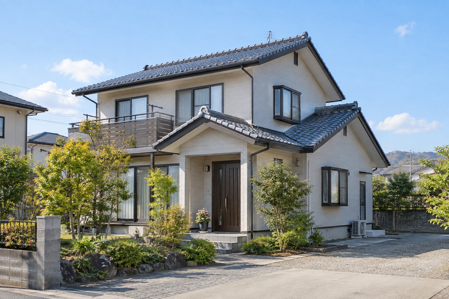 庭木のある2階建ての戸建て住宅の外観