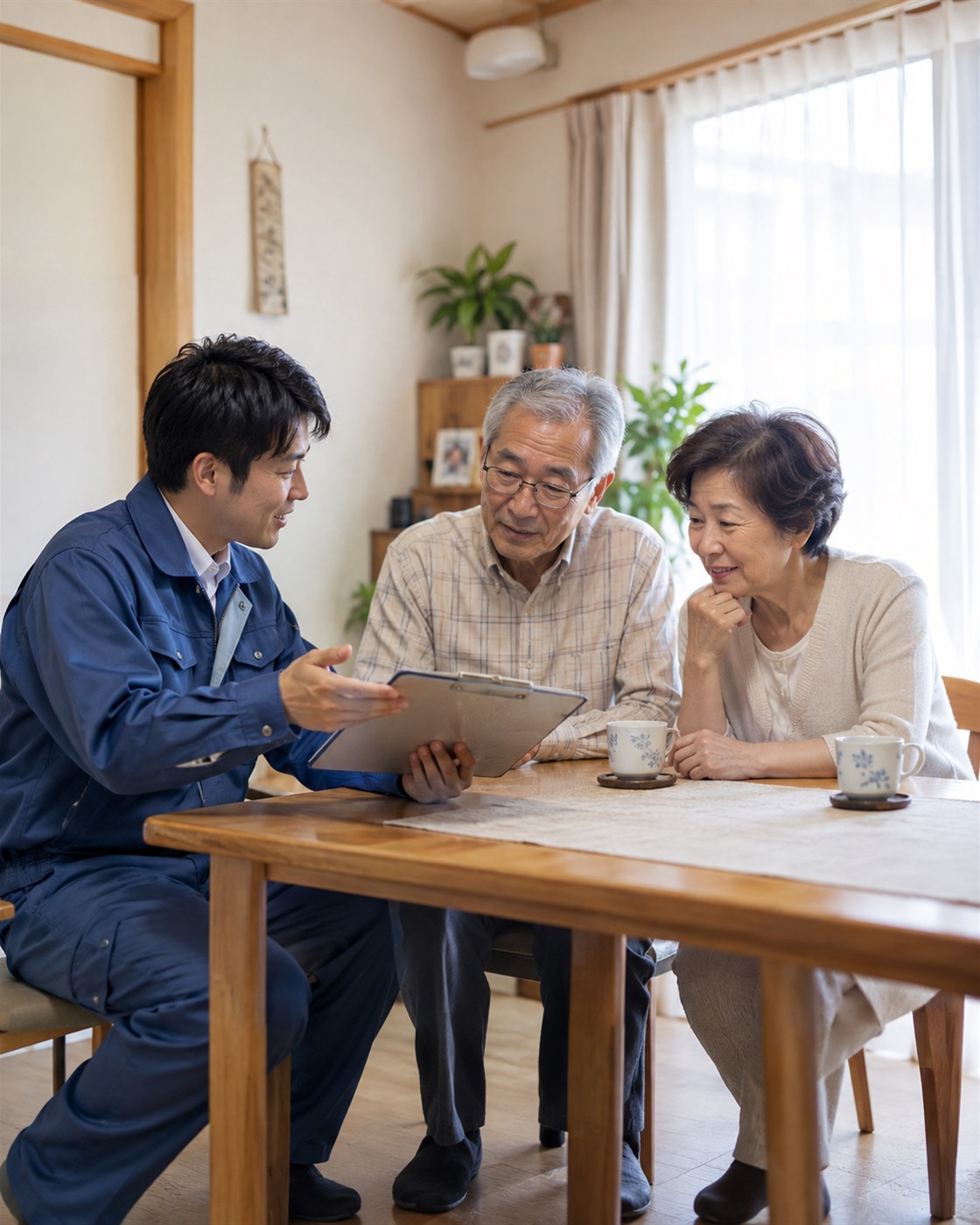 リビングのテーブルで、ご夫婦に作業内容を説明するスタッフ
