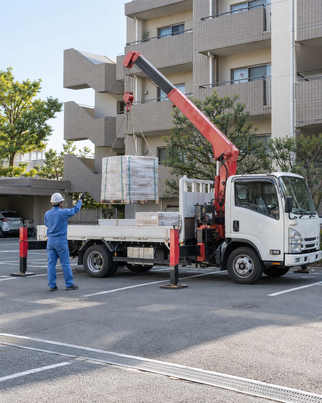 集合住宅の駐車場で、ユニック付きトラックを誘導する作業員