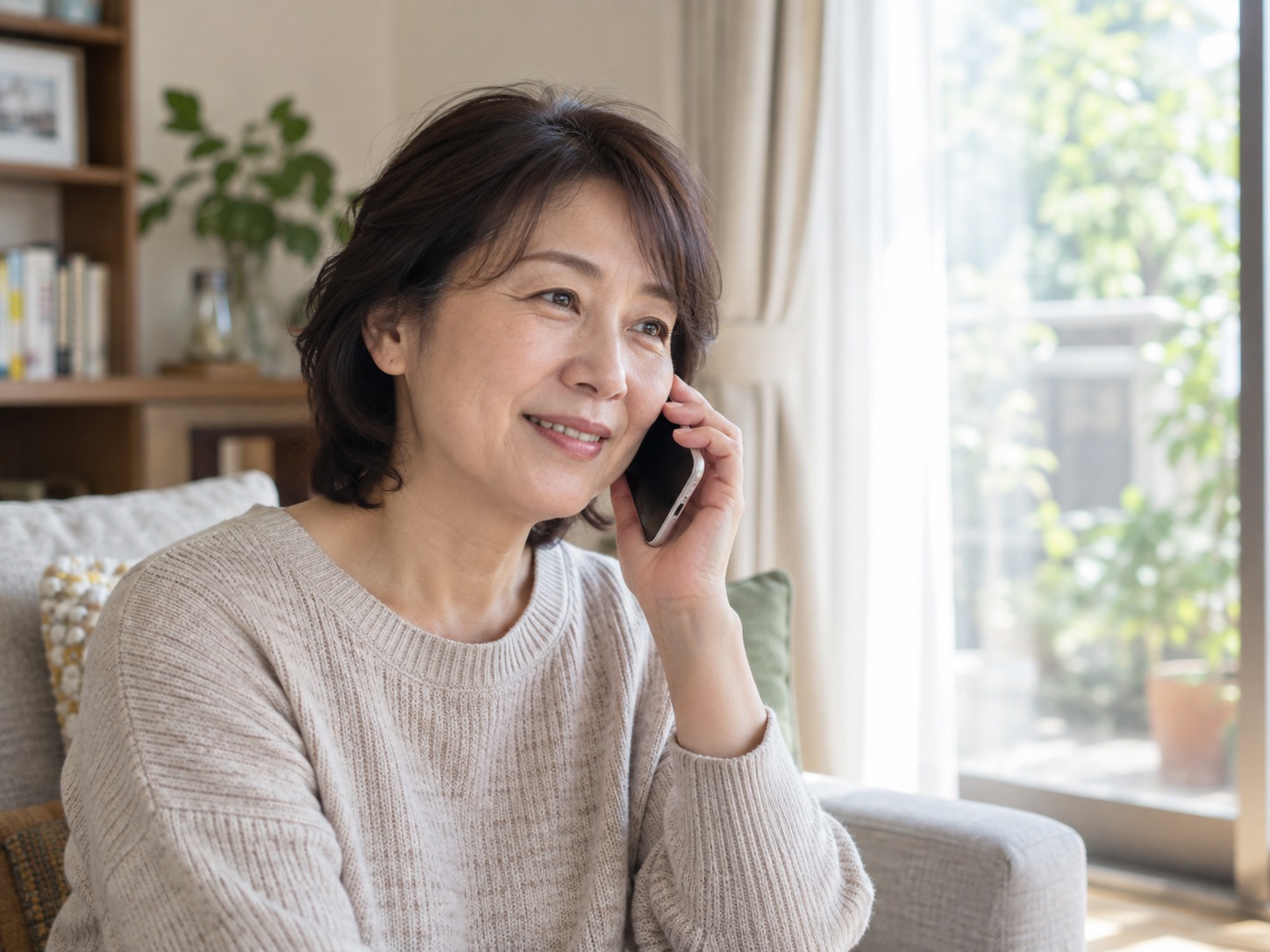 自宅のリビングで電話をかけて相談する女性