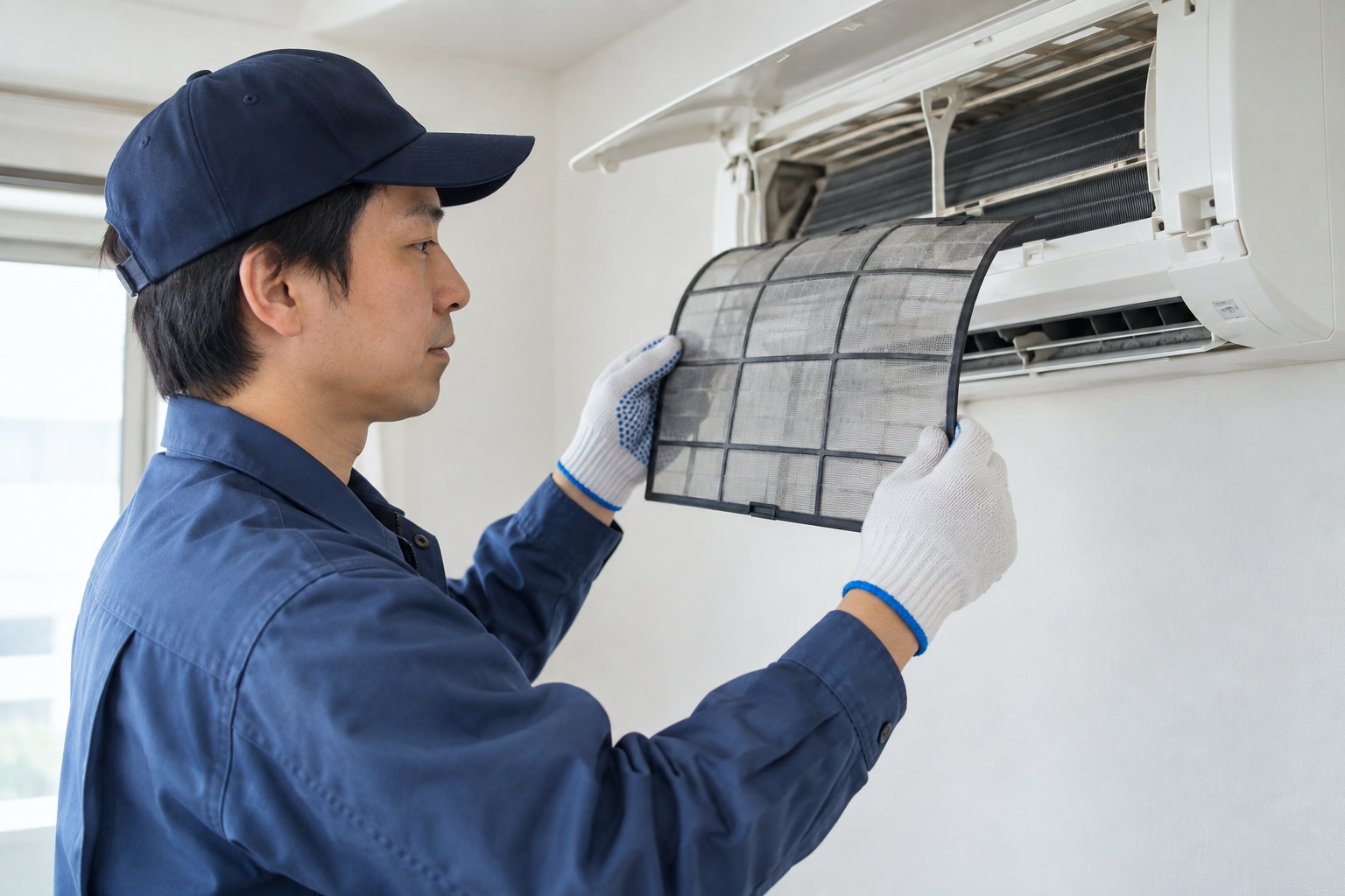 取り外したエアコンのフィルターを確認する作業員