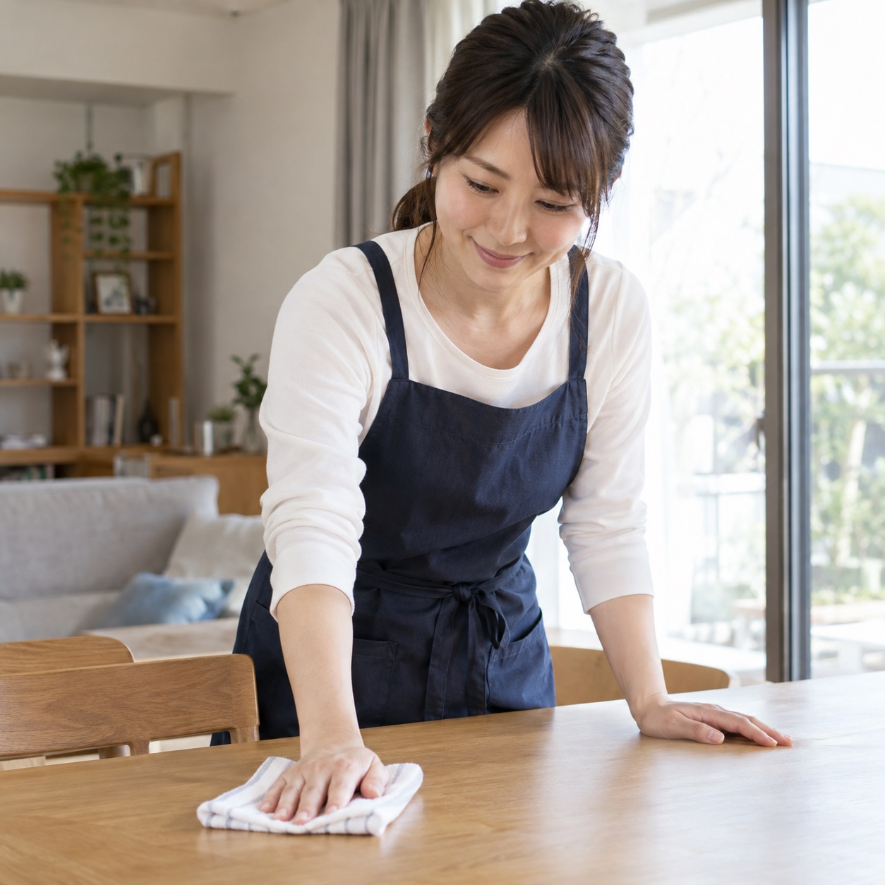 リビングのテーブルを拭き掃除する女性スタッフ