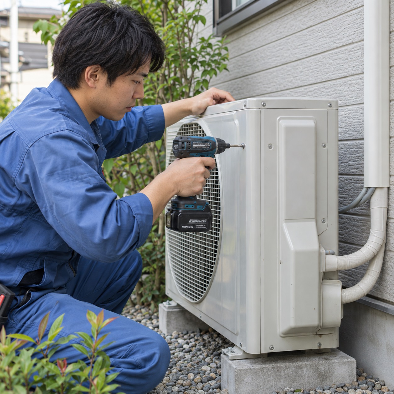電動ドライバーでエアコンの室外機を取り付ける作業員