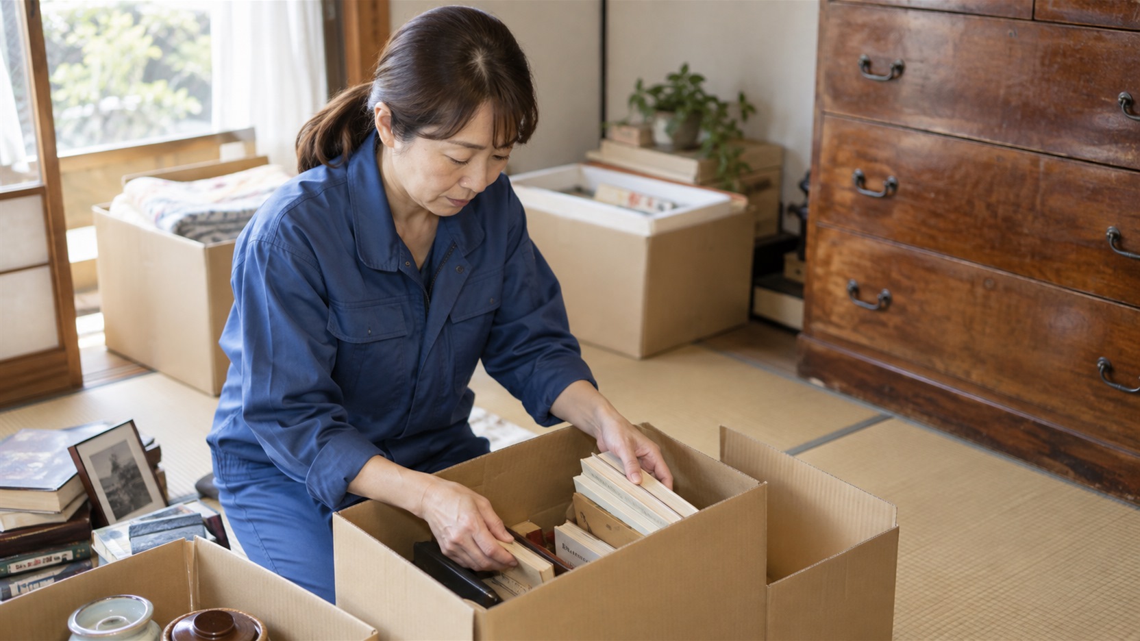 作業服の女性スタッフが、段ボールに家財を丁寧に仕分けしている様子