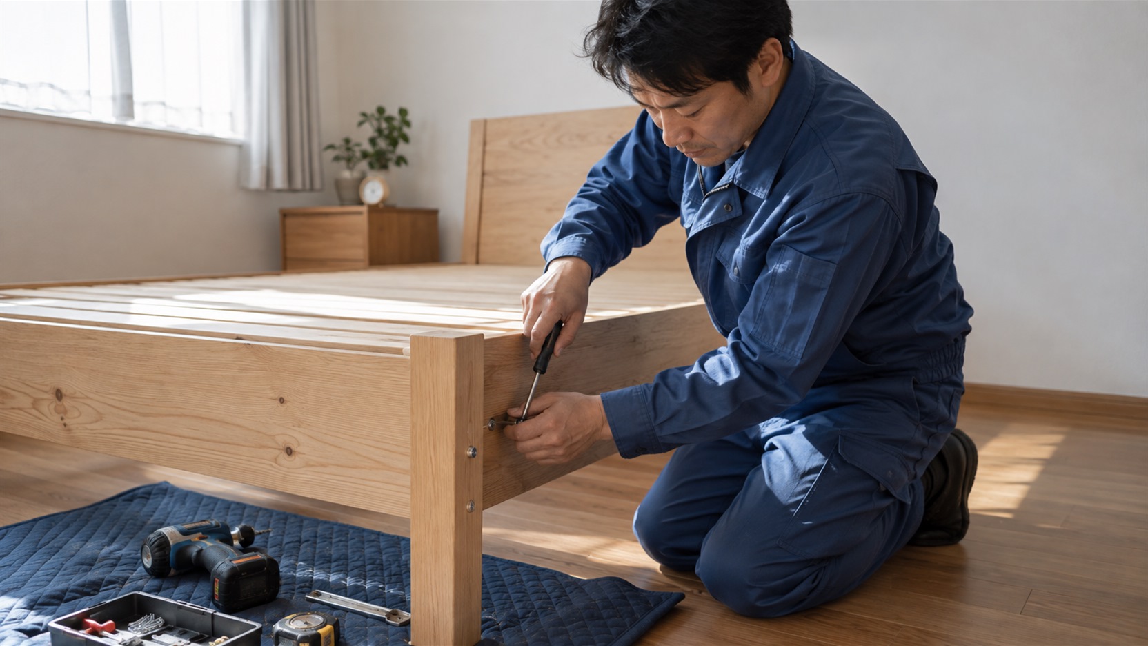 木製のベッドフレームを工具で組み立てる作業員
