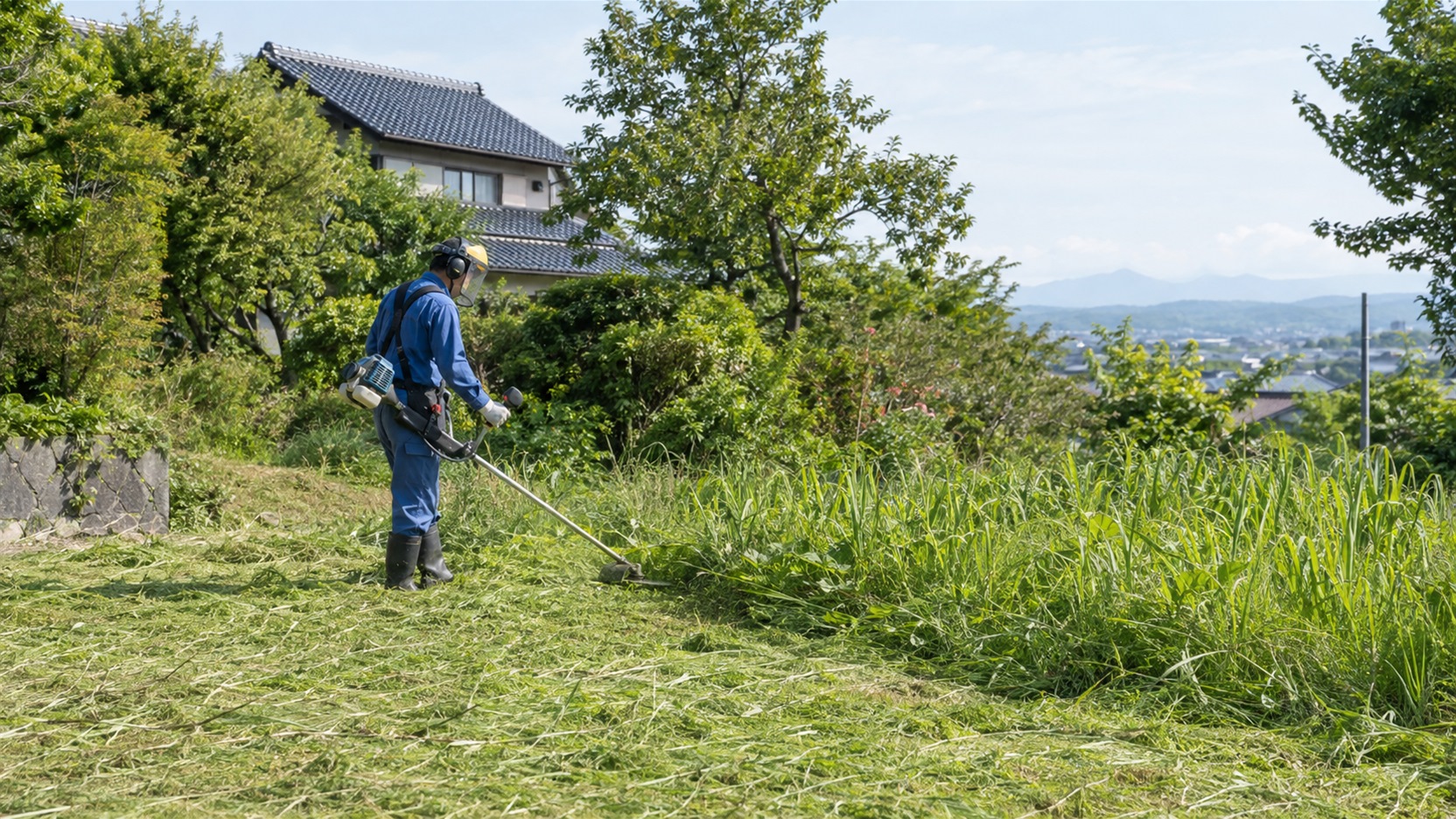 草刈り機を使って、庭の草を刈る作業員